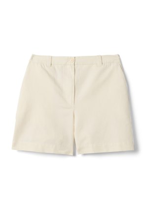 Beige maßgeschneiderte Shorts mit Gürtelschlaufen, vorderer Knopf- und Reißverschluss, mit sauberem und einfachem Design.