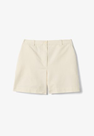 Beige maßgeschneiderte Shorts mit Gürtelschlaufen, vorderer Knopf- und Reißverschluss, mit sauberem und einfachem Design.
