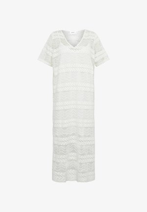 Hvid hæklede kjole med V-hals, korte ærmer og en løs pasform. Har et struktureret, mønstret stof med vandrette striber.