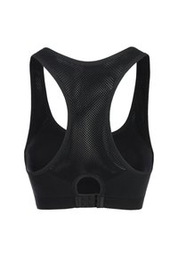 Svart sport-bh med nätbakdesign, justerbar rem med krokstängning och racerback-stil för ökad stöd och andningsförmåga.