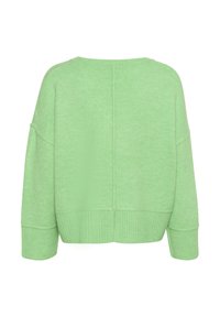 Grüner, kurzer Pullover aus weichem Strickstoff, mit weit rundem Ausschnitt, überschnittenen Schultern und gerippten Bündchen und Saum.