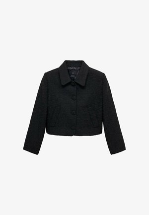 Zwarte cropped jas van een gemêleerd stof, met een kraag, knopen aan de voorkant en twee voorzakken. Eenvoudig ontwerp en gestructureerde vorm.