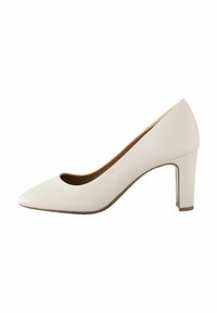 Zapato de tacón alto de piel blanca con punta afilada y un corte redondeado. El tacón es de forma cuadrada, lo que proporciona estabilidad y soporte.