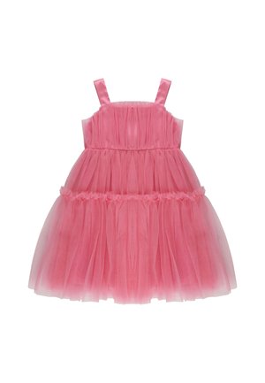 Abito rosa in tulle senza maniche per bambino, con corpetto arricciato e gonna a balze, caratterizzato da strati morbidi e fluidi e sottili spalline.