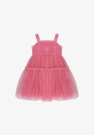 Abito rosa in tulle senza maniche per bambino, con corpetto arricciato e gonna a balze, caratterizzato da strati morbidi e fluidi e sottili spalline.