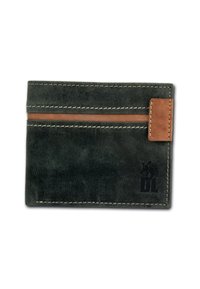Leather card holder in dark gray with light stitching, featuring a contrasting brown accent. Logo printed in black on the bottom corner.
