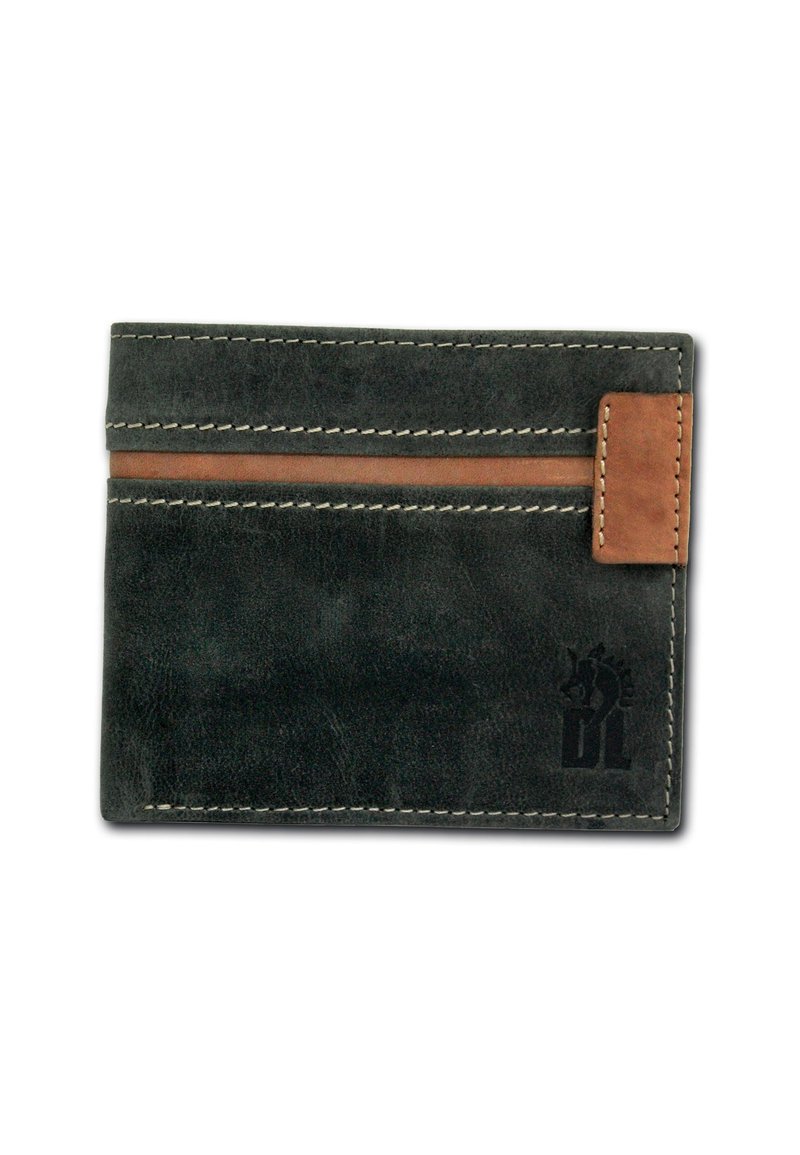Leather card holder in dark gray with light stitching, featuring a contrasting brown accent. Logo printed in black on the bottom corner.