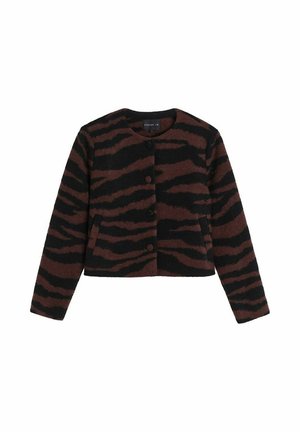 Veste courte en tissu à motif tigre marron et noir, présentant un col rond, des fermetures à bouton et sans poches visibles.