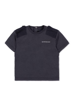 T-shirt bleu marine foncé à manches courtes pour tout-petit avec des boutons aux épaules et le logo "GIVENCHY" imprimé en blanc sur la poitrine.
