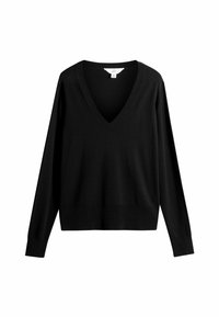 Crna v-neck sweatervica s dugim rukavima, izrađena od mekane, teksturirane tkanine. Ima rebrasti izrez i rub, nudi opušteni kroj.