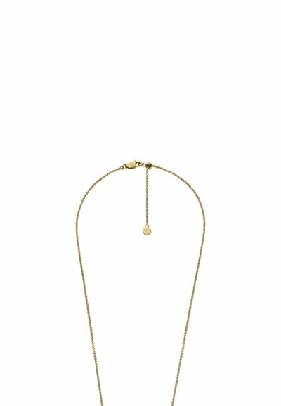 Goudkleurige ketting met een delicate ontwerp, met een kleine ronde hanger met een glimlachend gezicht, vastgezet met een slotje.