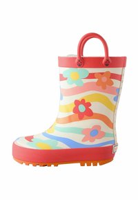 Bunte Gummiregenstiefel mit floralem Muster, roten Akzenten und strukturierten orangen Sohlen. Verfügt über runde Griffe und ein weiches Innenfutter.