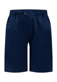 Pantaloni corti blu navy realizzati in tessuto liscio, con chiusura frontale a bottone, due tasche laterali e vestibilità sartoriale.