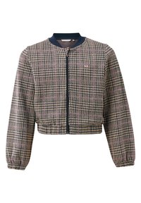 Zkrácená bombardérka v béžovém a námořnickém kostkovaném vzoru, s předním zipem, elastickými cuffy a žebrovaným výstřihem.