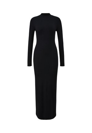 Zwarte geribbelde jurk met lange mouwen, een hoge hals, een aansluitend silhouet en een vloerbedekkend ontwerp, gemaakt van rekbare gebreide stof.
