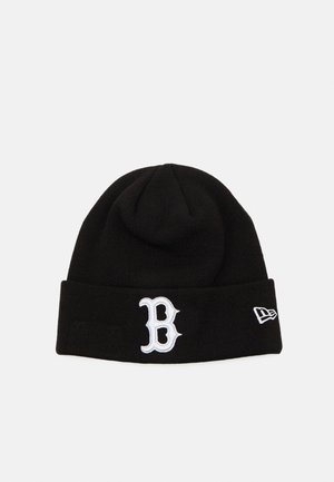 Black knit beanie with a folded brim. Features an embroidered white letter "B" on the front and a small logo on the side. Soft texture.