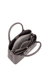 Sac en cuir gris avec double anses, doté d'une fermeture éclair et de plusieurs compartiments. Texture lisse et design minimaliste.
