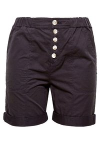 Shorts bleu marine en coton, dotés d'une taille élastique, de ourlets repliés et d'une patte de boutonnage à l'avant avec cinq boutons blancs.