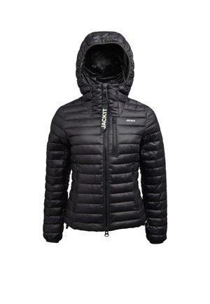 Giacca a vento nera con cappuccio, design trapuntato, chiusura frontale con zip e due tasche laterali. Presenta una tasca sul petto con zip e dettagli con logo.