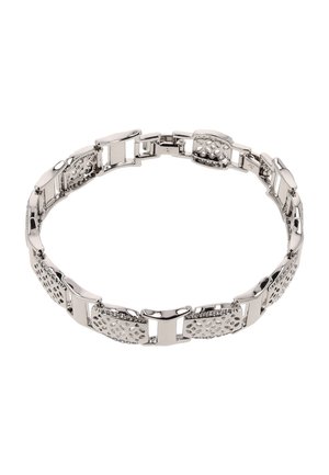 Brățară din metal argintiu cu zale dreptunghiulare alternative, netede și texturate, formând un lanț circular continuu.