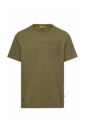 Olijfgroen T-shirt met korte mouwen, een borstzakje en een subtiel logo, een ronde halslijn en een rechte zoom.