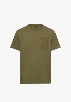 Olijfgroen T-shirt met korte mouwen, een borstzakje en een subtiel logo, een ronde halslijn en een rechte zoom.