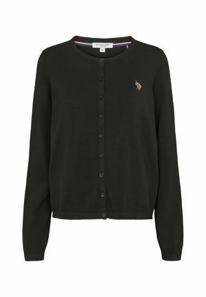 Dunkelgrüner Cardigan aus weichem Stoff, mit Rundhalsausschnitt, langen Ärmeln und sieben Knöpfen auf der Vorderseite. Kleines Logo auf der Brust.