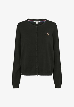 Tmavozelený cardigan z mäkkého materiálu, s okrúhlym výstrihom, dlhými rukávmi a siedmimi gombíkmi na prednej strane. Malé logo na hrudi.