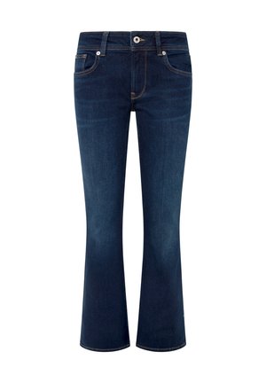 Jeans blu scuri a zampa d'elefante in denim. Presentano cinque tasche, passanti per la cintura e cuciture a contrasto lungo le cuciture. Chiusura con zip standard.