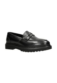 Schwarze Lederloafers mit glatter Oberfläche, die einen genähten Akzent und eine strukturierte Gummisohle für Trittfestigkeit und Langlebigkeit aufweisen.