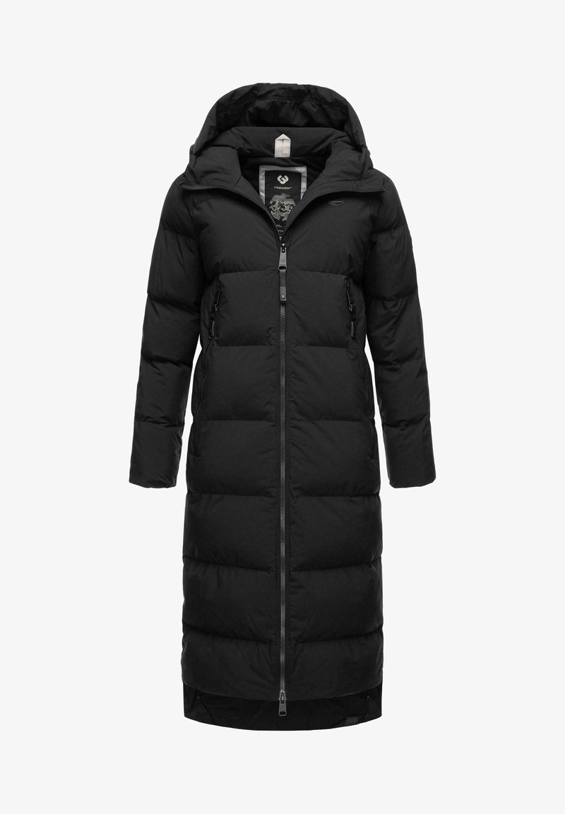 Juodas pūkinis švarkas su ilga išvaizda, turintis gobtuvą, užtrauktuko uždarymą ir dvi šonines kišenes. Pagamintas iš sklandžios medžiagos su siuvinėtu tekstūru.