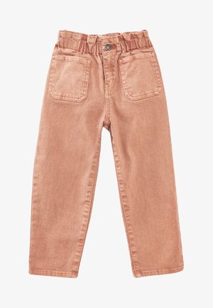 Pantalons en coton couleur rouille avec une ceinture élastique, deux poches avant et deux poches arrière à patte. Design à jambe droite et texture lisse.