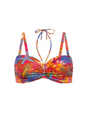 Kolorowy top bikini w kwiatowy wzór, wykonany z teksturowanej tkaniny, z regulowanymi wiązaniami i marszczonym przodem.