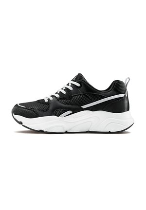 Black athletic shoe featuring a mesh and synthetic upper, white laces, and a two-tone sole with textured detailing.