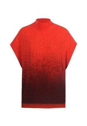Poncho rosso lavorato a maglia con colletto alto, caratterizzato da una sfumatura dal rosso brillante al rosso scuro. Design a griglia testurizzato su tutta la superficie. Maniche corte.