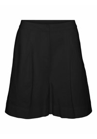 Pantaloni corti neri realizzati in tessuto leggero; presentano un design a vita alta con pieghe e una cintura liscia. Silhouette pulita e sartoriale.