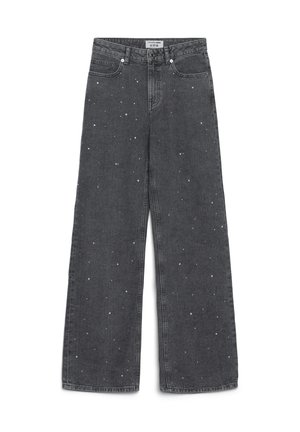 Jeans neri a gamba larga con vita alta e piccole macchie bianche sparse, con tasche frontali e passanti per cintura.