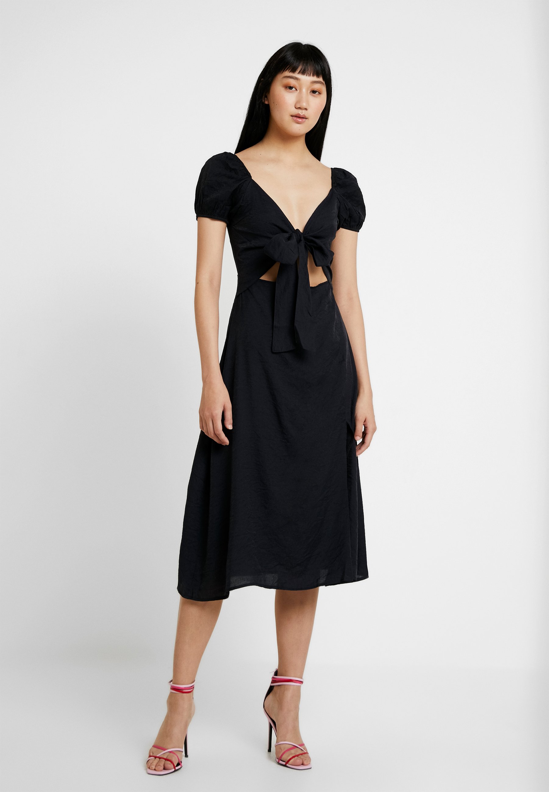 black bardot tie front midi dress