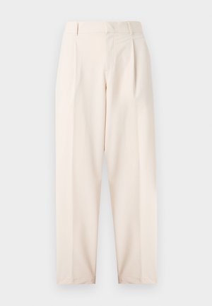 Calças beige ajustadas com uma cintura alta, pregas e um corte reto. Feitas de um tecido suave com bolsos laterais e um acabamento limpo.