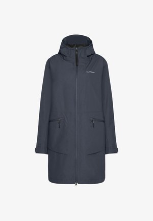 Granatowy długi płaszcz przeciwdeszczowy z kapturem, przednim zamkiem błyskawicznym, regulowanymi mankietami i dwoma kieszeniami na suwak, z logo Didriksons na piersi.