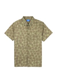 Chemise à manches courtes à boutons de couleur olive avec un motif de feuilles de palmier, comportant une poche poitrine et une texture en coton lisse.
