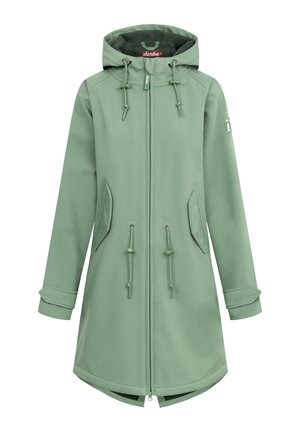 Veste imperméable vert clair avec capuche, cordons de serrage élastiques, poches latérales et fermeture éclair. Caractérisée par une texture lisse et des poignets repliables.