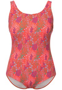 Yhden palan uimapuku kirkkaan punaisena, jossa on kukkakuosi. Kuosis on avonainen pääntie ja ohuet hihnat, valmistettu sileästä, joustavasta kankaasta.