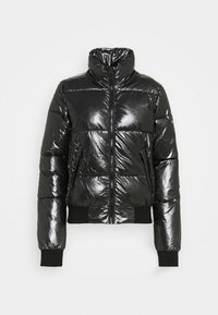 Black, glossy puffer jacket with a high collar, zip closure, and ribbed cuffs. Features a cropped cut and side pockets.