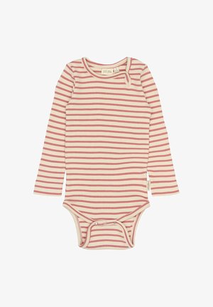 Pitkähihainen vauvan body, jossa on vaalean kermanvärinen tausta ja ruosteenvärisiä vaakaraitoja; siinä on ribbitekstuuri ja nepparit.