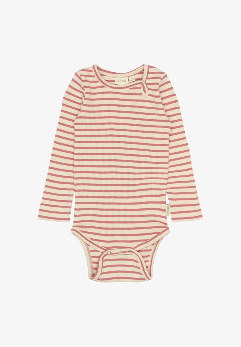 Bodysuit pour bébé à manches longues avec un fond crème et des rayures horizontales couleur rouille ; présente une texture côtelée et des fermetures à pression.