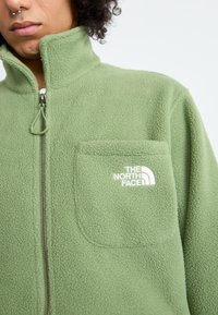 Oseba, ki nosi zeleni flis jopič z zadrgo spredaj in žepom na prsih, na katerem je logotip "The North Face", ima nosne pirsinge in kodraste lase.