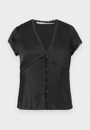 Μαύρο μπλουζάκι με κοντά μανίκια και V-λαιμόκοψη, με κουμπιά μπροστά και δαντέλα στα μανίκια και στο λαιμό, κατασκευασμένο από λείο, λαμπερό ύφασμα.