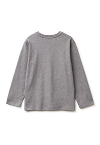 Šedé tričko s dlouhým rukávem vyrobené z měkké látky, s kulatým výstřihem a volným střihem. Bez viditelných vzorů nebo akcentů. Zobrazena zadní strana.