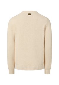 Kremowy sweter dzianinowy o fakturowanym wzorze, z zaokrąglonym dekoltem, ściągaczami na rękawach i dole, z małą metką z tyłu.